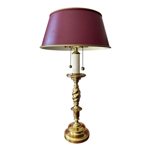Classic Brass Table Lamp With Red Tole Shade For Sale