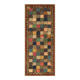 1880s Antique Multicolor Folk Art Checkerboard "X" Motif American Hooked Rug For Sale