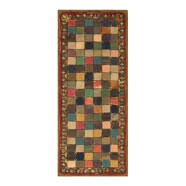 1880s Antique Multicolor Folk Art Checkerboard "X" Motif American Hooked Rug For Sale