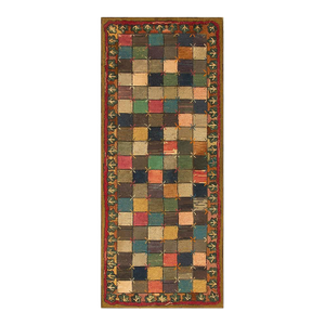 1880s Antique Multicolor Folk Art Checkerboard "X" Motif American Hooked Rug