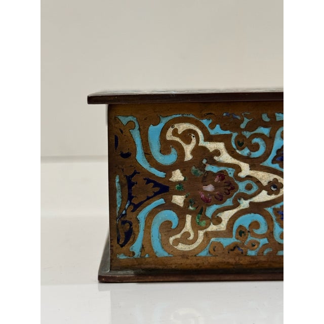 Traditional Vintage Cloisonné Enamel Box Turquoise Floral Scroll Lidded 5.5in For Sale - Image 3 of 8