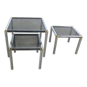 MCM to Modern Tubular Chrome Brass & Smoke Glass Trio of Cocktail Table & End Tables