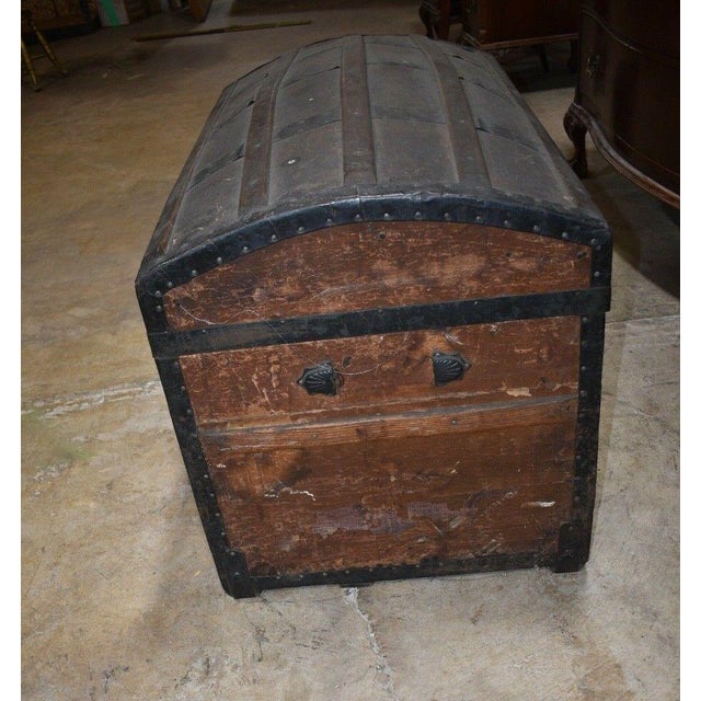 Antique Primitive Oak Slat Chest Humpback Round Top Steamer Trunk