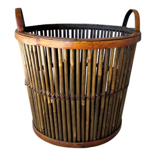 Mid 20th-Century Split Bamboo Tortoiseshell Planter Floor Basket With Ear Handles For Sale