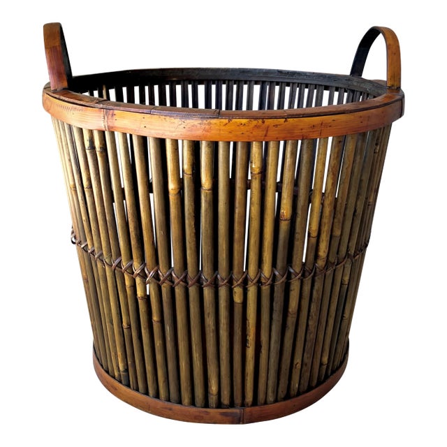 Mid 20th-Century Split Bamboo Tortoiseshell Planter Floor Basket With Ear Handles For Sale
