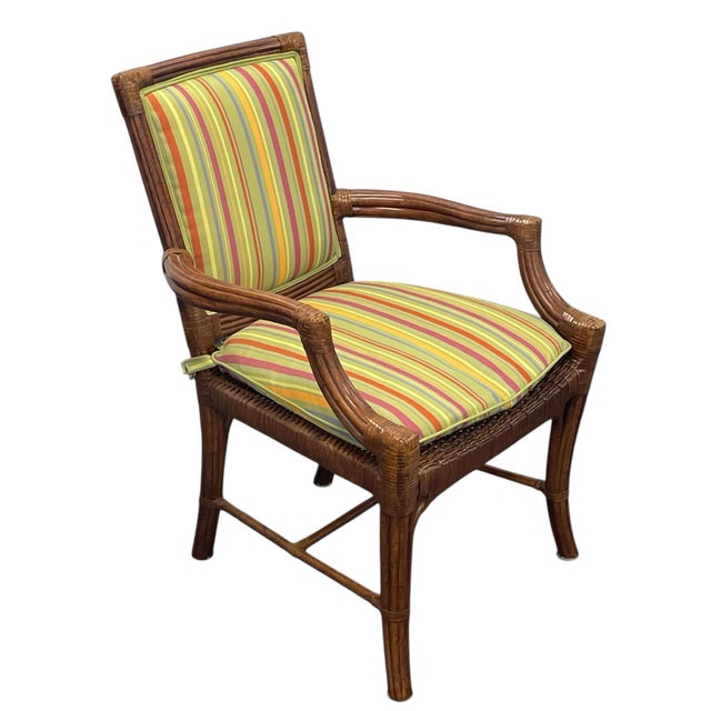 Wood Lane Venture Tradewinds Rattan Arm Chairs, Set of Six, Excursions, Chippendale Style, Striped Upholstery For Sale - Image 7 of 12