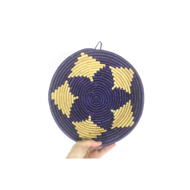 1980s Vintage African Coiled Straw Basket Purple Blue Beige Hand Woven Wall Basket For Sale - Image 6 of 6