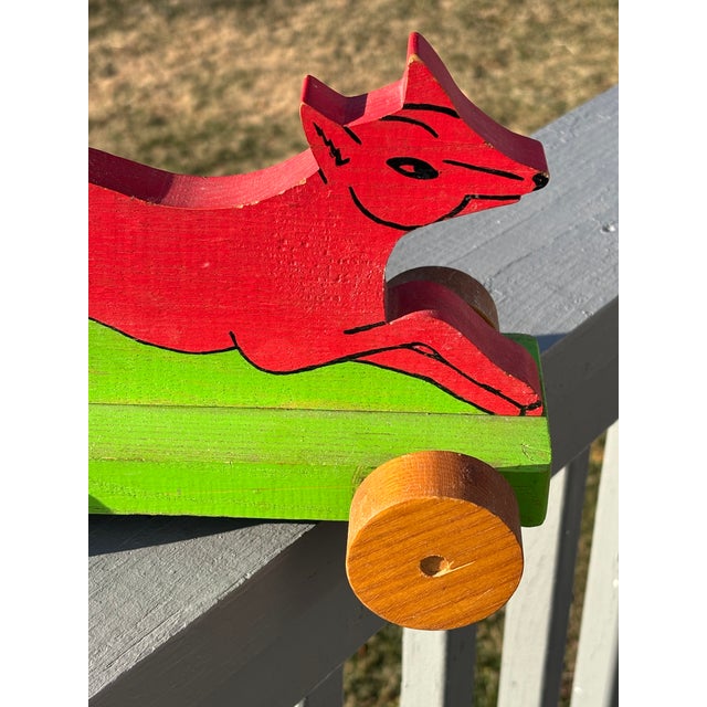 Early 20th C. Artisan Hand-Carved + Painted Wooden Red Fox Wheeled Toy For Sale - Image 6 of 11