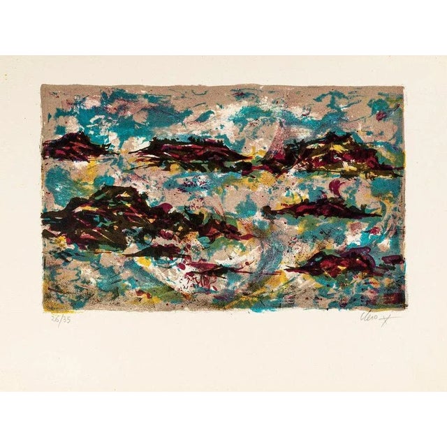 Abstract Waves is a colored artwork realized during the 1970's. Mixed colored lithograph. Numbered on the lower left...