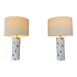 Kate Spade Cream & Gold Pavilion Polka Dot Cylinder Table Lamp W/ Cream Linen Shade; Set of 2