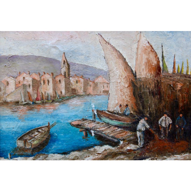 Blue Antique French Signed Original Sailboat Oil Painting For Sale - Image 8 of 13
