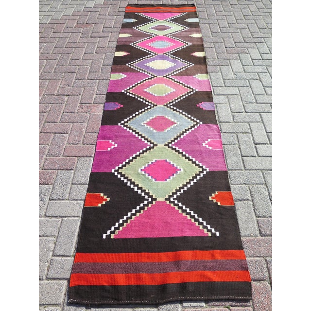 Mid 20th Century Magenta & Brown Vintage 60's Turkish Handwoven Boho Runner Rug For Sale - Image 11 of 11