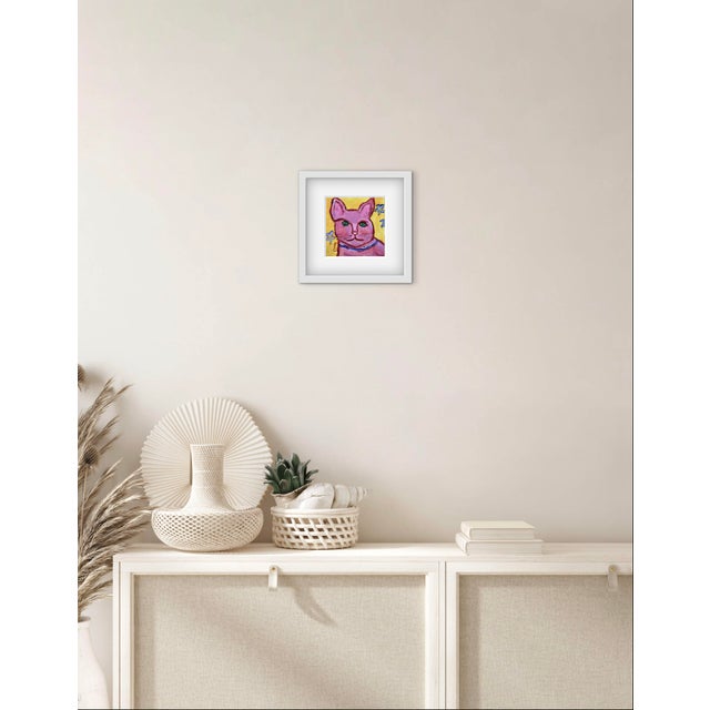 Modern Narratives Collection — “Pink Cat With Green Eyes” (6″×6″, Original Oil on Wood) For Sale In Reno/Lake Tahoe - Image 6 of 18