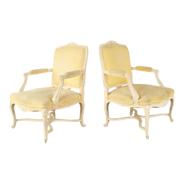 French Louis XV Style Painted Fauteuil Armchairs - a Pair For Sale