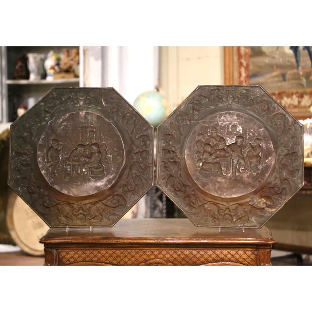 Pair of 19th Century French Repoussé Copper Tavern Scene Wall Chargers For Sale - Image 10 of 12
