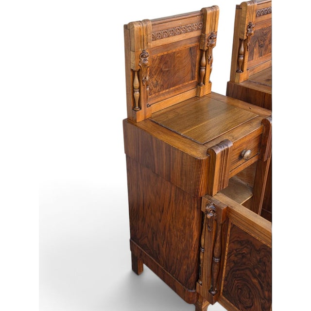Pair of 1930 Walnut Nightstand American Art Deco Bedside Cabinet Refurbished For Sale - Image 13 of 18