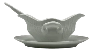 Vecchio Ginori Gravy Boat and Ladle in White Saxon Bordered Kaolin Porcelain by Richard Ginori, Florence, Tuscany, Italy, Set of 2