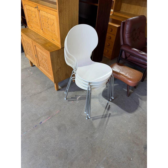 Mid-Century Modern Mid 20th Century Set of 4 Danish Modern White Stacking Dining Chairs Mid Century Chrome Chairs For Sale - Image 3 of 11