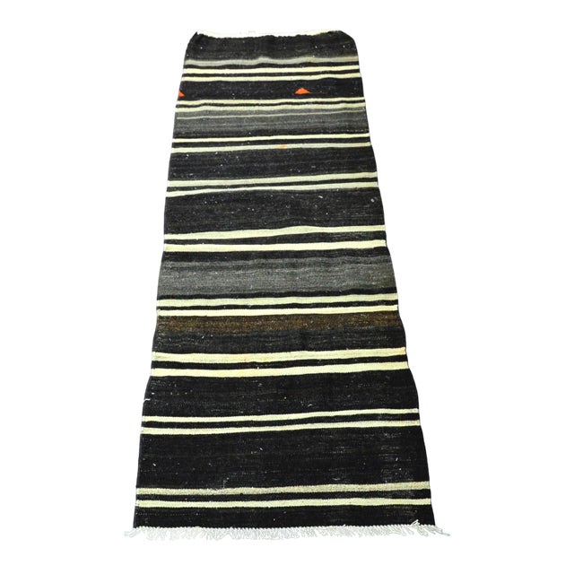 Vintage Tribal Turkish Black Kilim Runner Rug For Sale