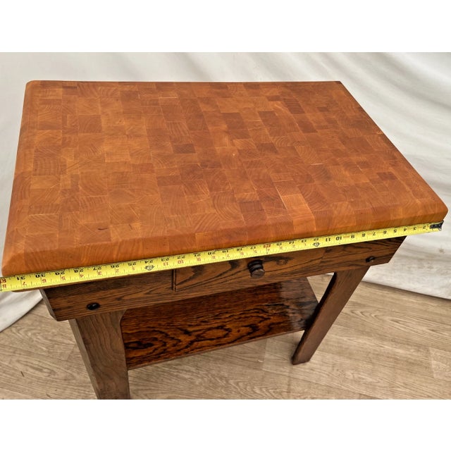 Wood Vintage Butcher Block Carving Table Oak Base With Drawer Shelf End Cut Maple Top For Sale - Image 7 of 15