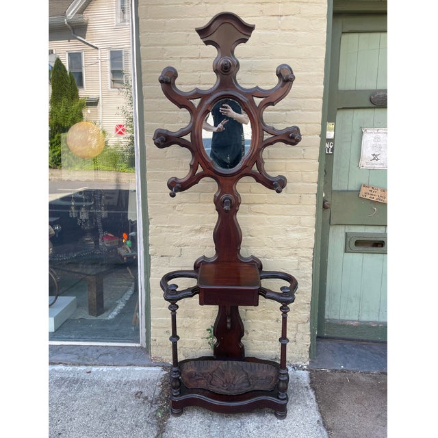 Late 1800s Victorian Hall Tree With Original Iron Drip-Catcher Plate For Sale - Image 13 of 14