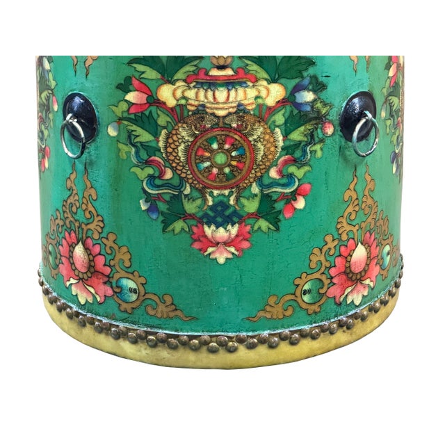 Teal Teal Turquoise Green Tibetan Drum Style Lotus Jewel Graphic Table Stool For Sale - Image 8 of 11