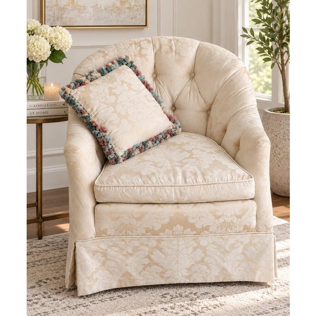 Elegant pair of upholstered barrel back club chairs by Century Furniture, crafted in Hickory, North Carolina, USA. These...