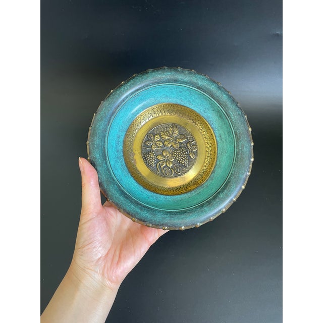 Verdigris Oppenheim Israel Hammered Brass Verdigris Enamel Bowl For Sale - Image 8 of 10