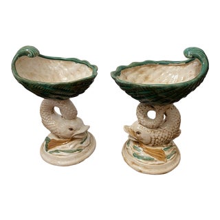 Pair of Vintage Majolica Koi Fish Bowls For Sale