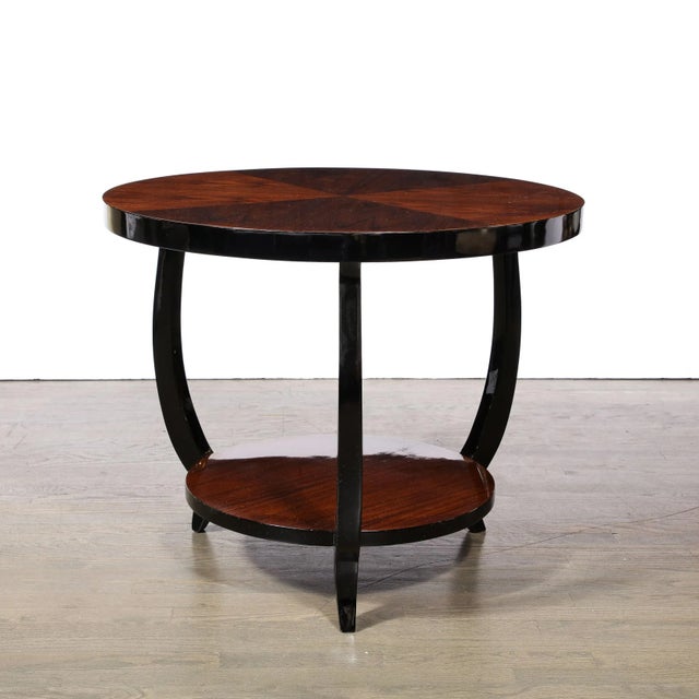 Wood 1930s Art Deco Two-Tier Gueridon Table in Book-Matched Walnut & Black Lacquer For Sale - Image 7 of 13
