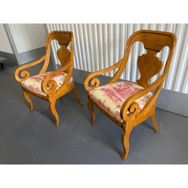 Drexel Vintage Biedermeier Style Upholstered Arm Chairs by Drexel Heritage - a Pair For Sale - Image 4 of 12