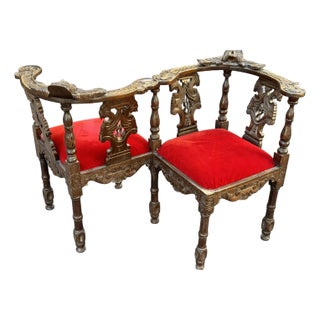 19th-Century Victorian Tête-À-Tête / Courting Chair With Carved Walnut Frame For Sale