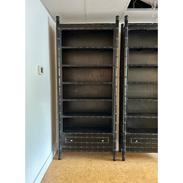 Mid-Century Modern Vintage Pair Faux Bamboo Etagere Bookcase For Sale - Image 3 of 14