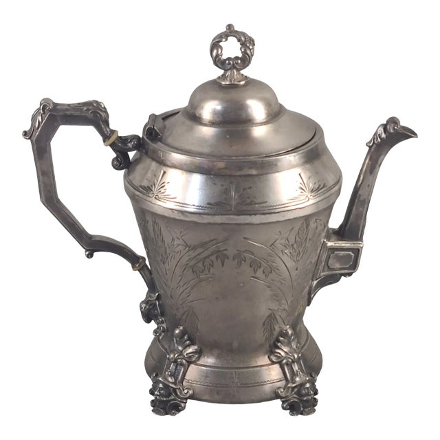 Antique Victorian Aesthetic Figural Hand-Engraved Silver Triple Plate Webster Tea Pot For Sale