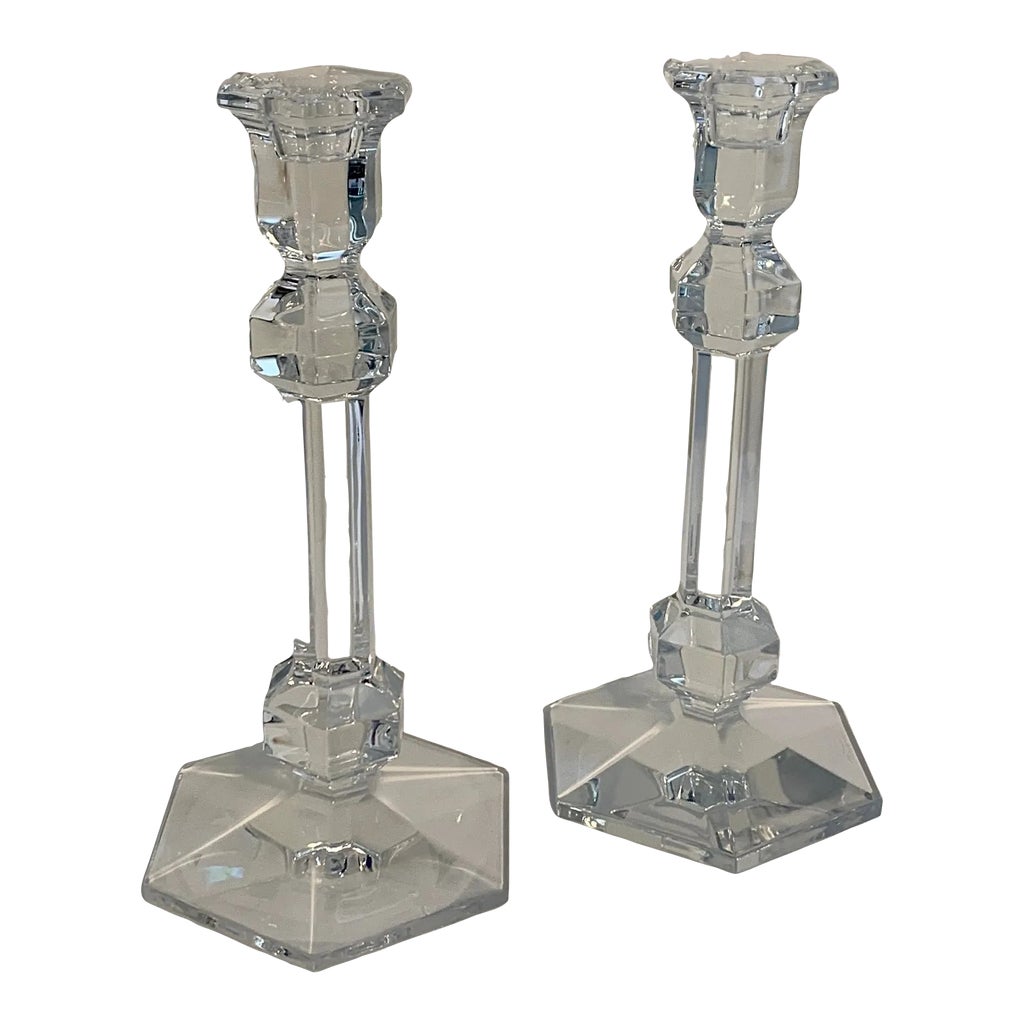 20th Century Val St. Lambert Crystal Candlesticks,-Gardenia