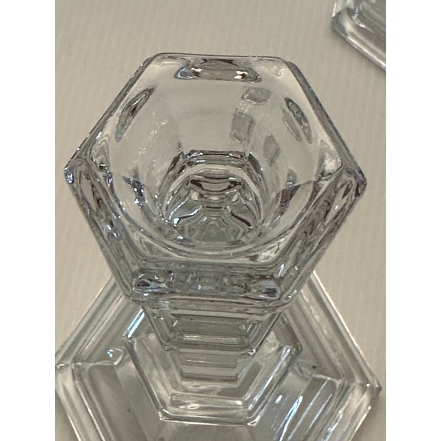 Tiffany and Co. 1990s Tiffany and Co. Crystal Clear Glass Candleholders with Hexagon Bases, Signed- Set of 2 For Sale - Image 4 of 11