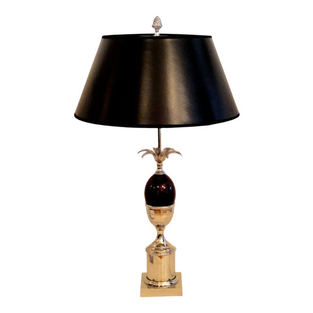 Maison Charles French Art Deco Red Acorn Nickel Plated Table Lamp & Shade 1950s For Sale