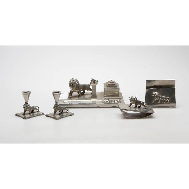 Writing, seven parts set in pewter by Ernst Svedbom (1913-2004), Goldsmith AB for Swedish Tenn, circa 1934-1936. Marked:...