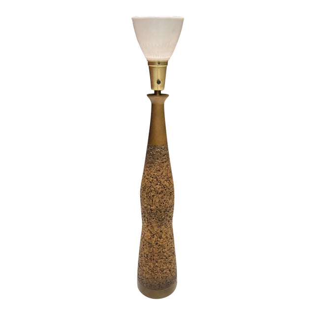Mid-Century Modern Tall Walnut & Cork Table Lamp For Sale