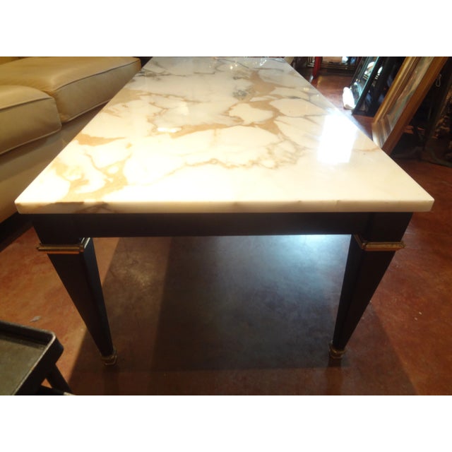 1940s French Louis XVI Style Ebonized Coffee Table With Marble Top For Sale - Image 5 of 9