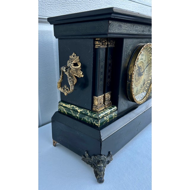 Antique E. Ingraham Adrian Mantle Clock Faux Green Marble Double Pillars W/Key For Sale - Image 9 of 15
