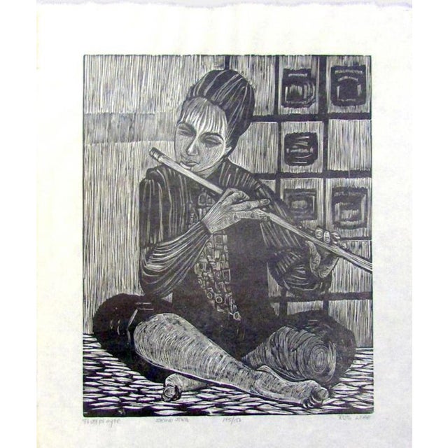 About this item Original woodcut print by American artist Ruth Leaf (1923-2015). Title: Flute Player (Second State)....