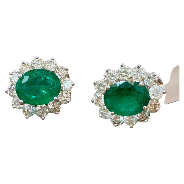 6 Ct Oval Shape Emerald & 3 Ct Diamond Post Back Earrings 14 Karat White Gold For Sale - Image 17 of 18