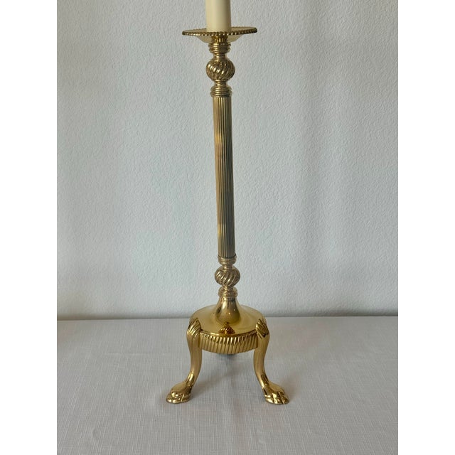 1960s 1960s Mid Century Attributed to Frederick Cooper Brass Candlestick Style Table Lamps on Tripodal Legs With Paw Feet For Sale - Image 5 of 11