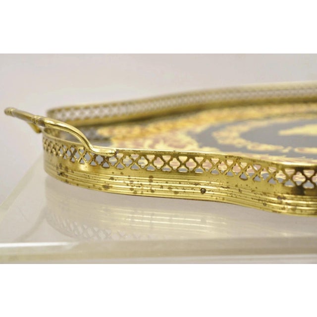Late 20th Century Vintage Italian Lacquered Wood & Brass Chariot Marquetry Inlay Bar Serving Tray For Sale - Image 5 of 12