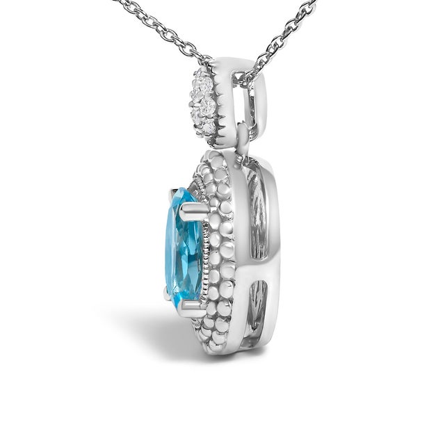 Contemporary .925 Sterling Silver Oval Blue Topaz and Diamond Accent with Beaded Halo Pendant Necklace - 18" Inches For Sale - Image 3 of 5