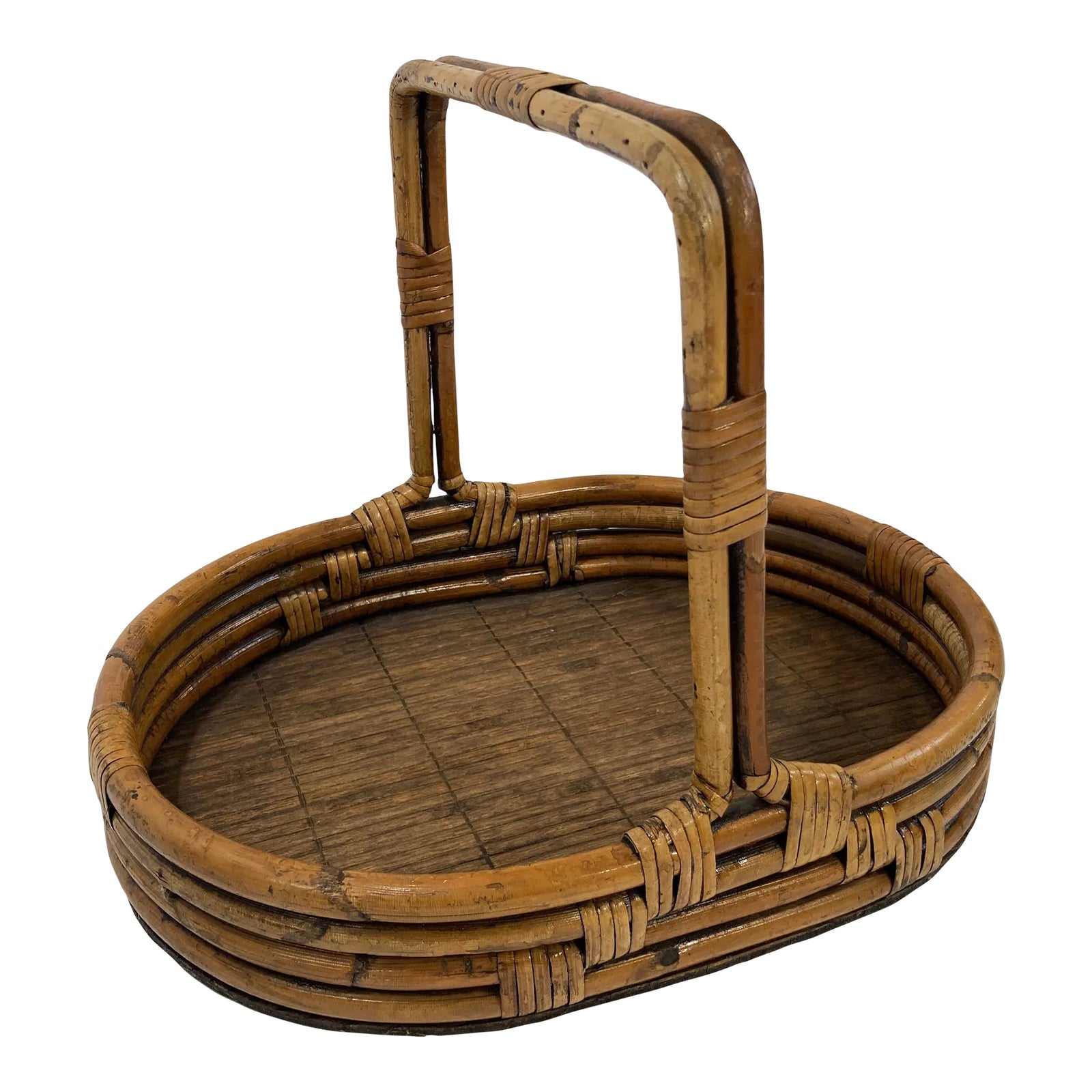 Vintage Rattan and Split Reed Handled Basket | Chairish