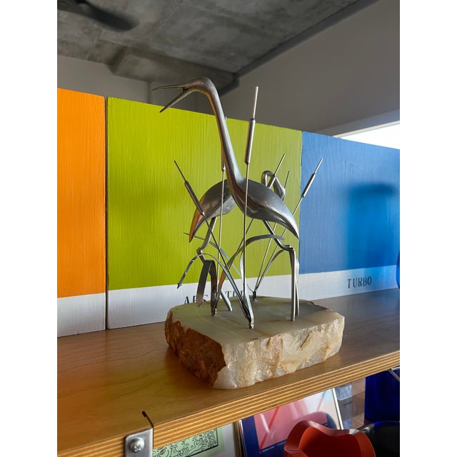 Mid-Century Modern 1970s Curtis Jere Heron Crane Chrome Metal Stone Sculpture Object For Sale - Image 3 of 12