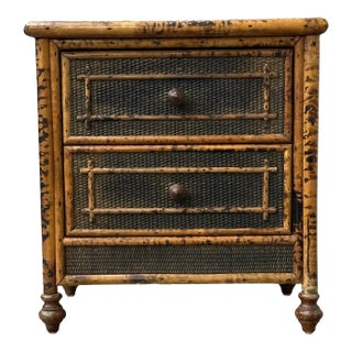 1980s Vintage British Colonial Style Burnt Bamboo and Cane Nightstand For Sale