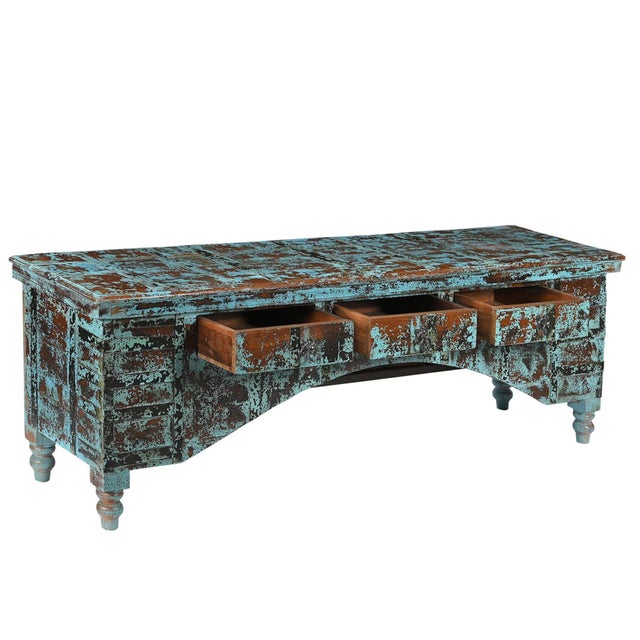 Farmhouse 1930s Rustic Farmhouse Blue Reclaimed Wood Storage Bench For Sale - Image 3 of 4